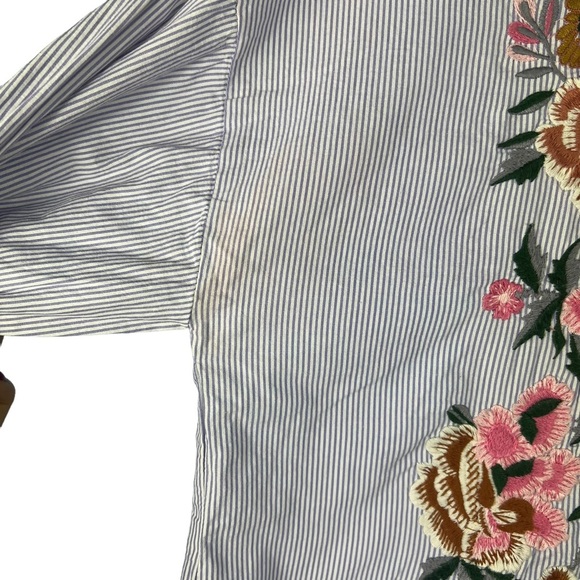 Zara Floral Embroidered Striped Button Down Cropped Shirt Size Large Casual - Picture 6 of 10